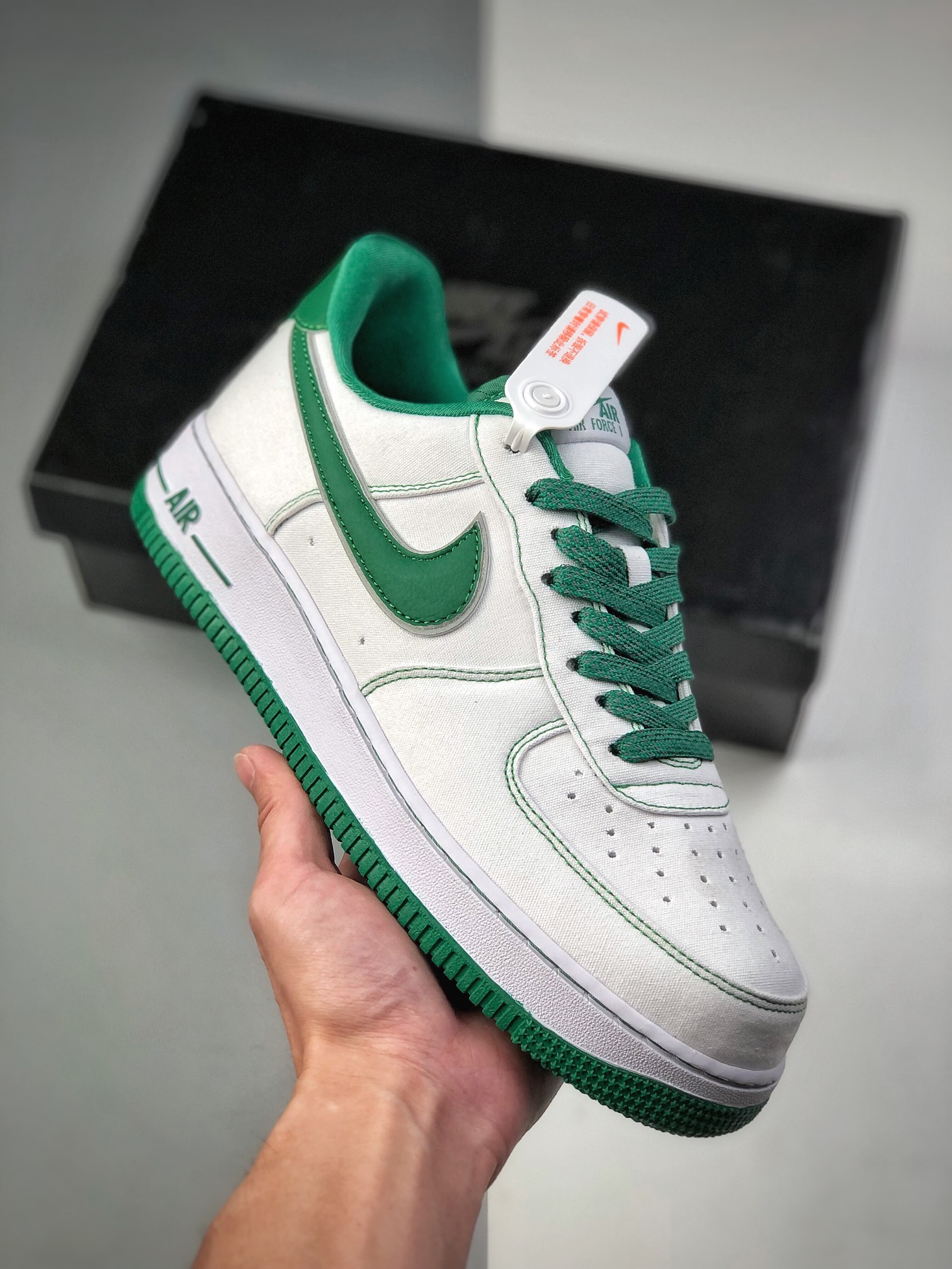 NK Air Force 1 Low, zapatilla de skate deportiva casual de caña baja Air Force One, color lona blanca con costuras verd…