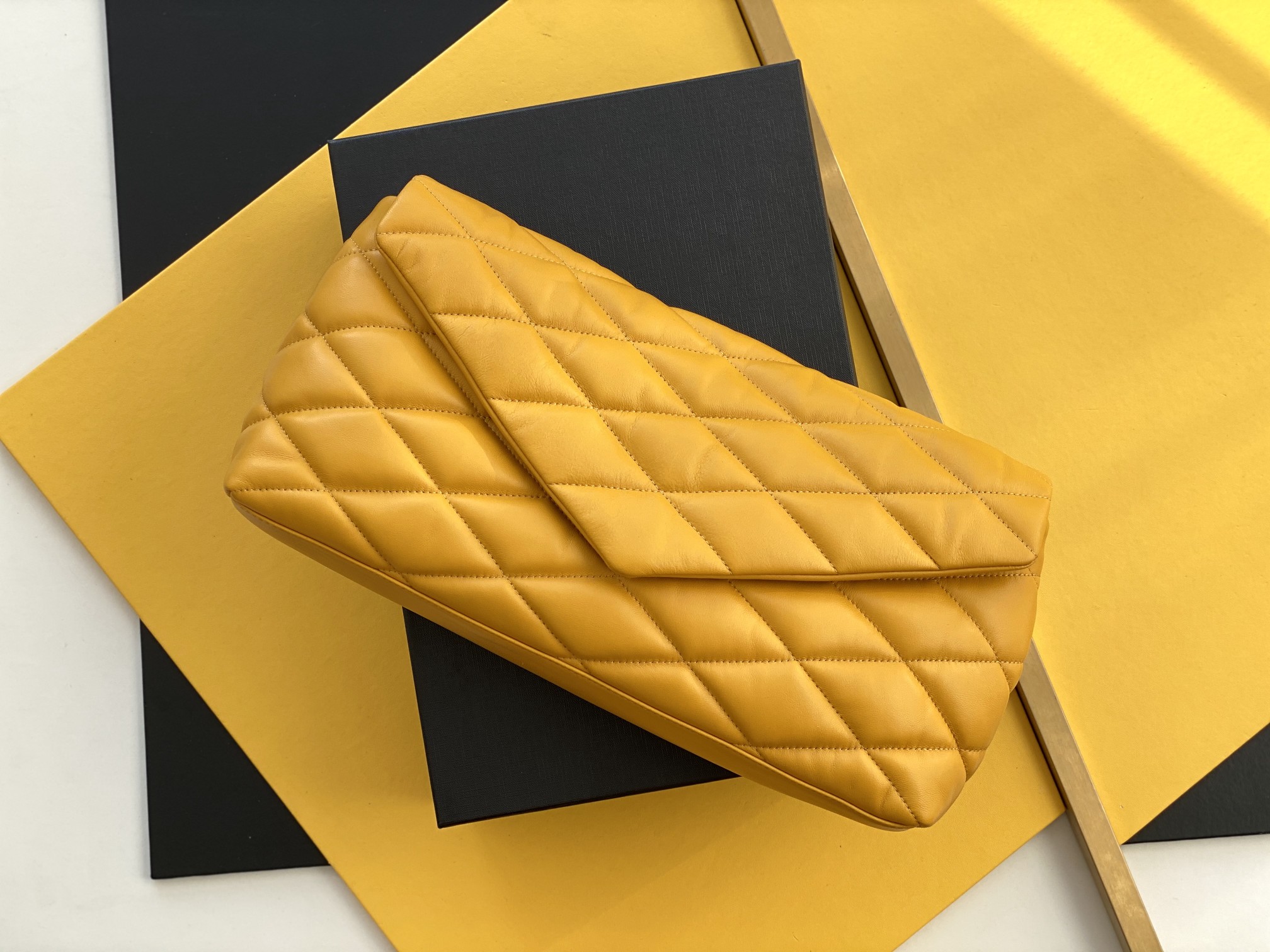 Lambskin Envelope Clutch Square Quilted Magnetic Snap Metal Letter Logo
