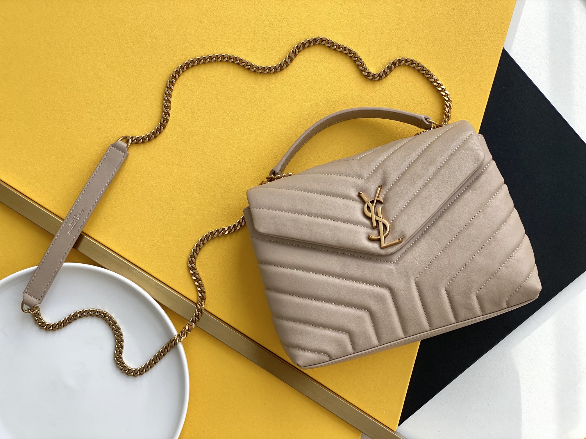 Calfskin Shoulder Crossbody Bag Y-Shape Panel Chain Strap