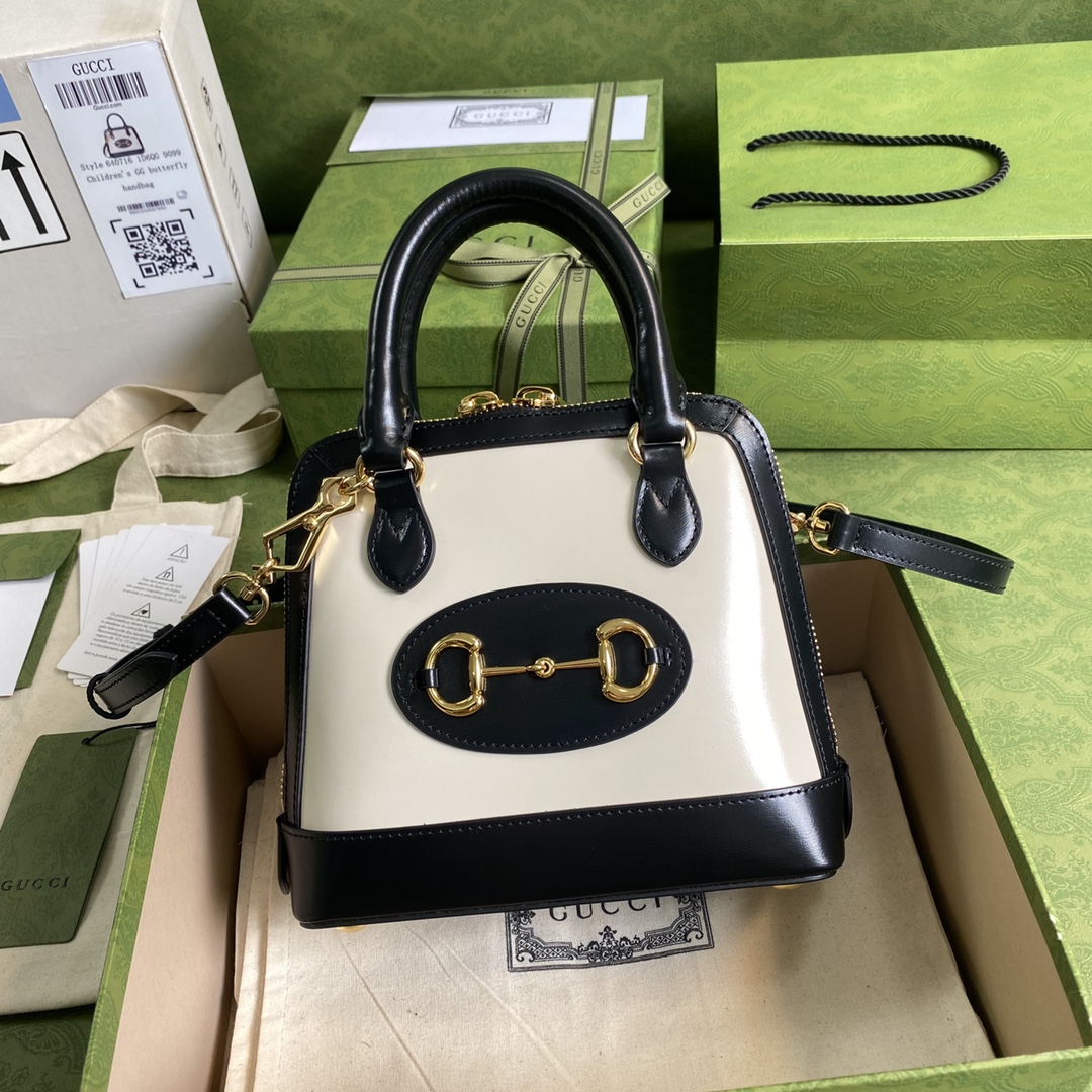 Gucci Ophidia 716中号手提包，复古设计沉浸复古情怀，黑白拼全皮