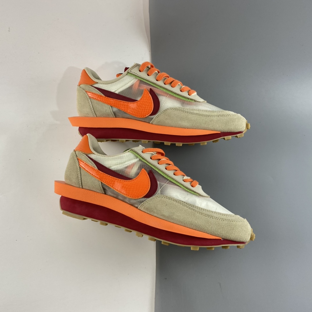 P320 CLOT x Sacai x Nike LDWaffle ”Net Orange Blaze” 联名重叠设计前卫华夫变形”米橙配色”休闲慢跑鞋 DH1347-100