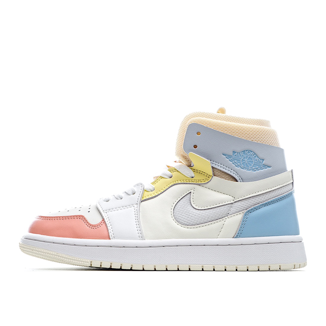 I0 Air Jordan 1 Zoom Air CMFT AJ1 乔1糖果配色 高帮篮球鞋 DJ6910- F5 整双鞋通体采用皮革材质打造，鞋身各处分别以橙色、黄色、蓝色、紫色以及米白色等多色装扮。带来如同彩蛋一般的视觉效果，想必上脚效果相当清爽。