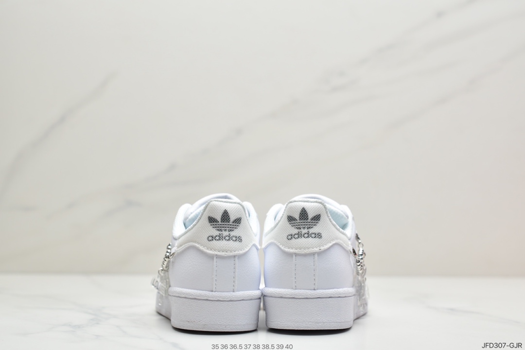 170 Adidas三叶草 Originals Superstar”White/Sliver”贝壳头经典百搭休闲运动板鞋“皮革白银金属挂链”GZ8404