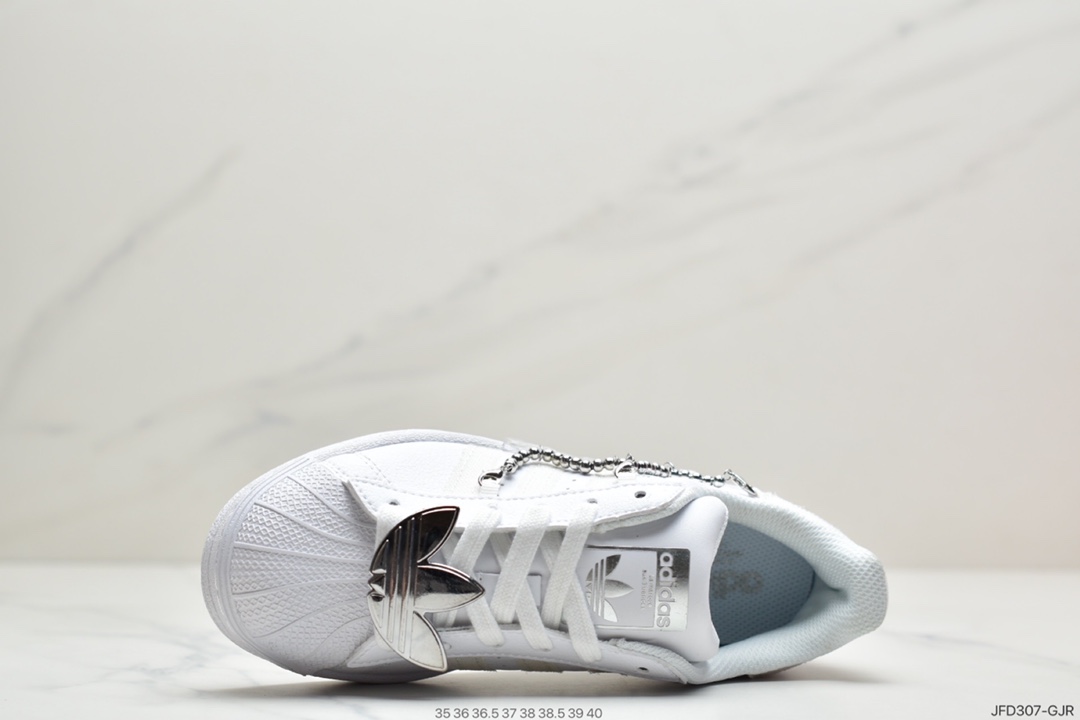 170 Adidas三叶草 Originals Superstar”White/Sliver”贝壳头经典百搭休闲运动板鞋“皮革白银金属挂链”GZ8404