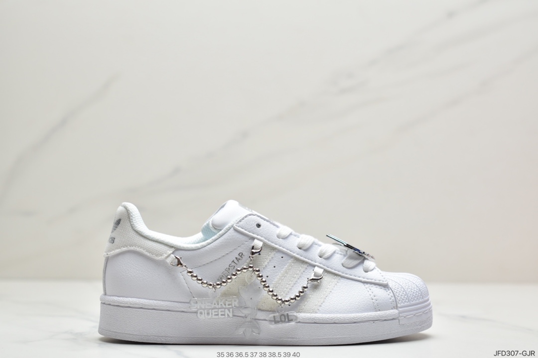 170 Adidas三叶草 Originals Superstar”White/Sliver”贝壳头经典百搭休闲运动板鞋“皮革白银金属挂链”GZ8404