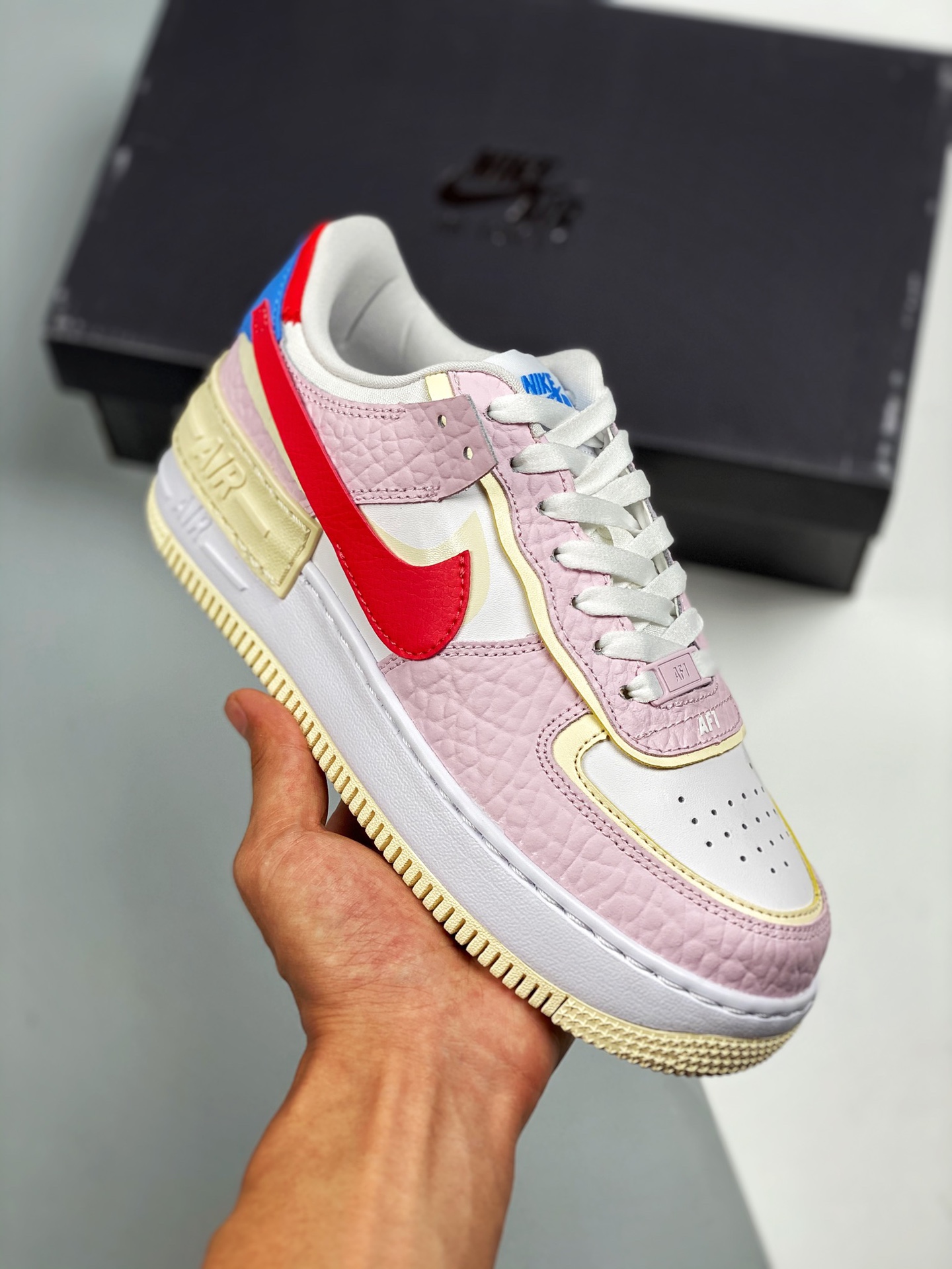 Air Force 1 Shadow amarillo-púrpura-blanco, zapatilla de skate ligera de caña baja con plataforma, "empalme de macarron…