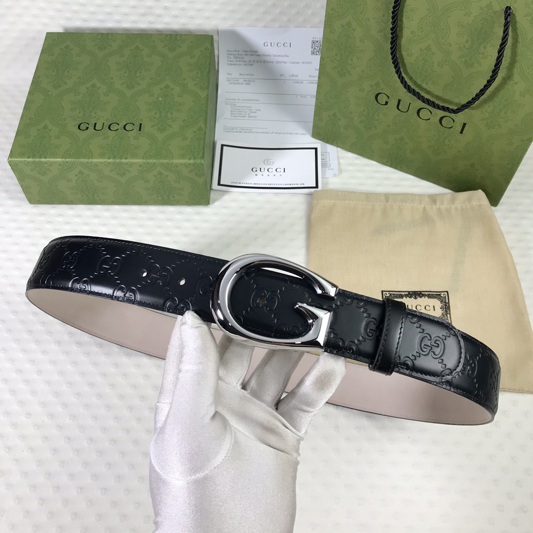 [Gucci Belts]size:3.8cm Black leather pressed with Gucci logo large G Pair it