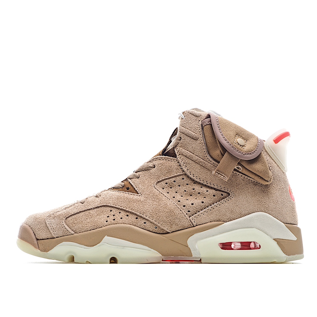 I0 纯原 Travis Scott Air Jordan 6 British Khaki 夜光反光篮球鞋 全新的 Travis Scott x Air Jordan 6 采用了不同于前作的翻毛皮材质，以棕色色调贯穿全身。红色 Jumpman Logo 居中点缀，鞋舌侧边缀有 Travis Scott Logo，并且极具工装韵味，很好穿搭极具街头辨识度。细节设计与此前大不相同，鞋帮内侧位置以拉链设计妆点，中底上缀有 Travis Scott 经典的笑脸 Logo。最后以乳白色水晶大底收尾，并缀以笑脸 Logo 和镜像的 Travis Scott 字样，完善整体造型设计。