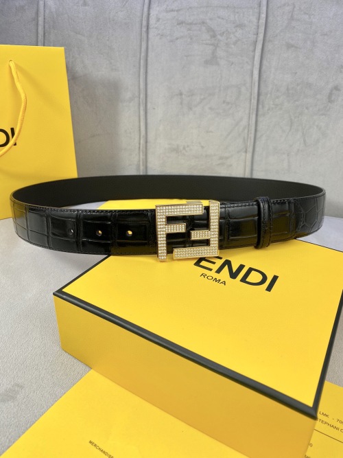 Fendi Crocodile Leather Belt with Double F Rhinestone Buckle, 4.0cm Width 1 Fendi Crocodile Leather Belt with Double F Rhinestone Buckle, 4.0cm Width