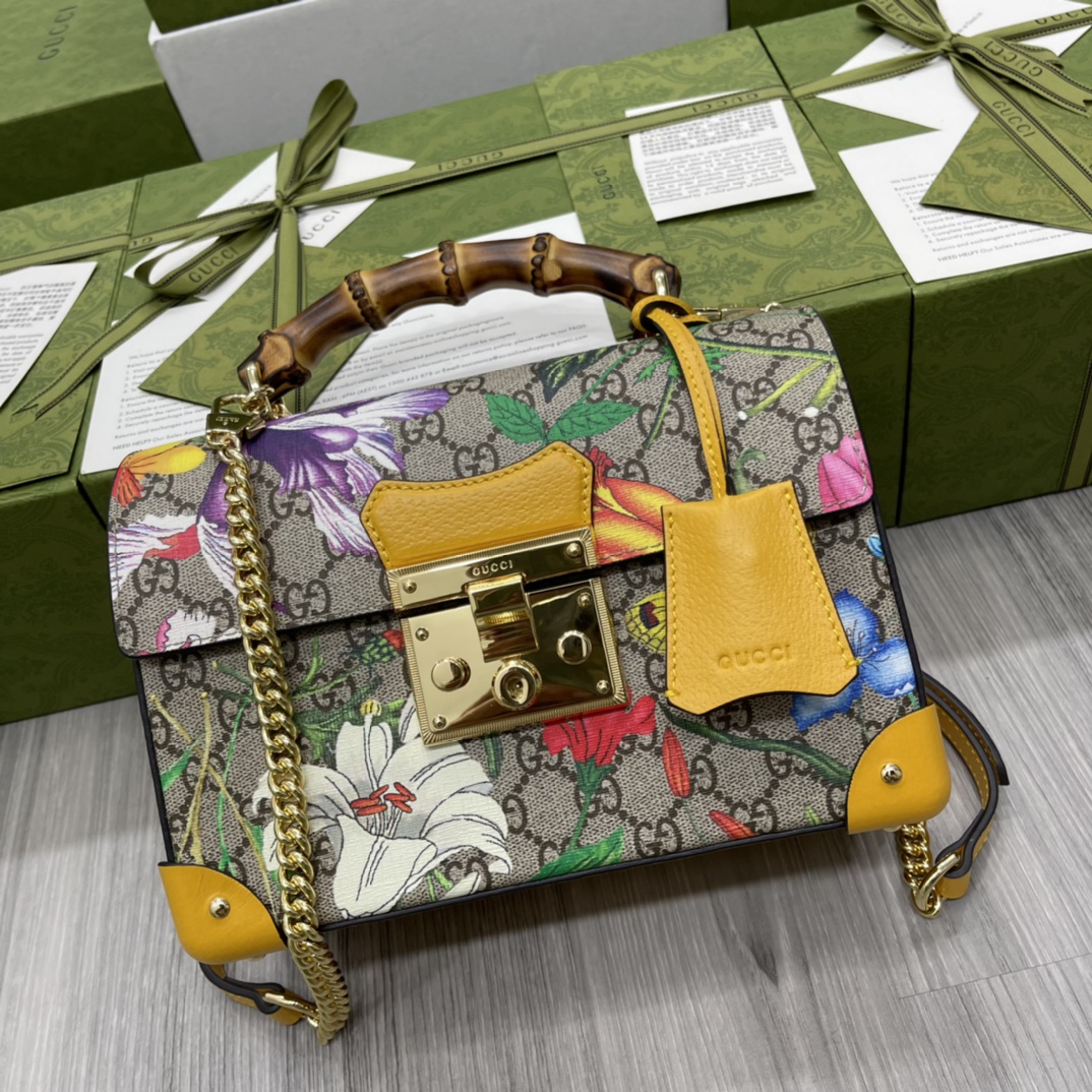 GUCCI Padlock Bamboo Handle Floral Pattern Chain Shoulder Bag