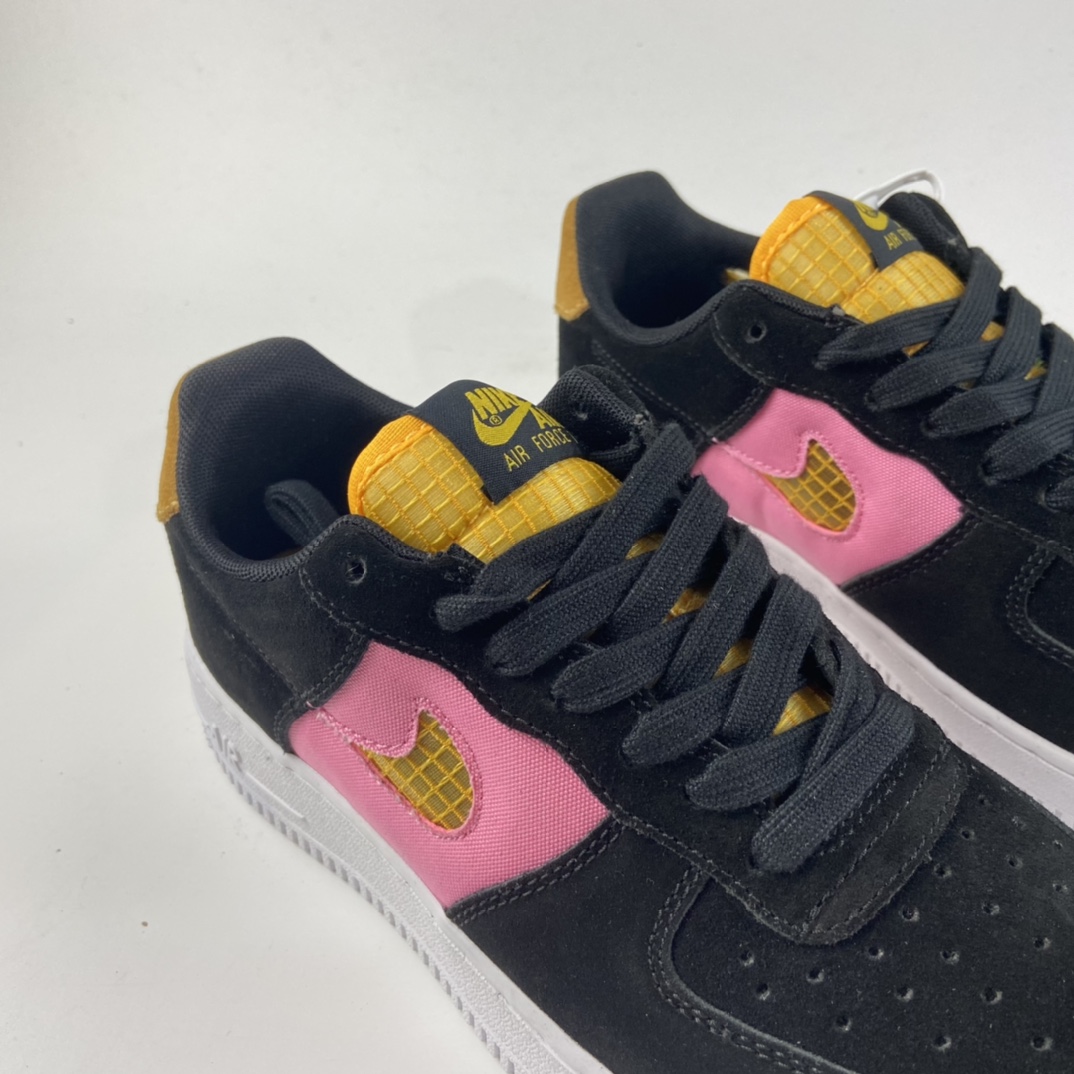 P200 Nk Air Force 1′07 黑粉帆布鞋 空军一号经典低帮百搭休闲运动板鞋“镂空马赛克勾”CJ4093-002