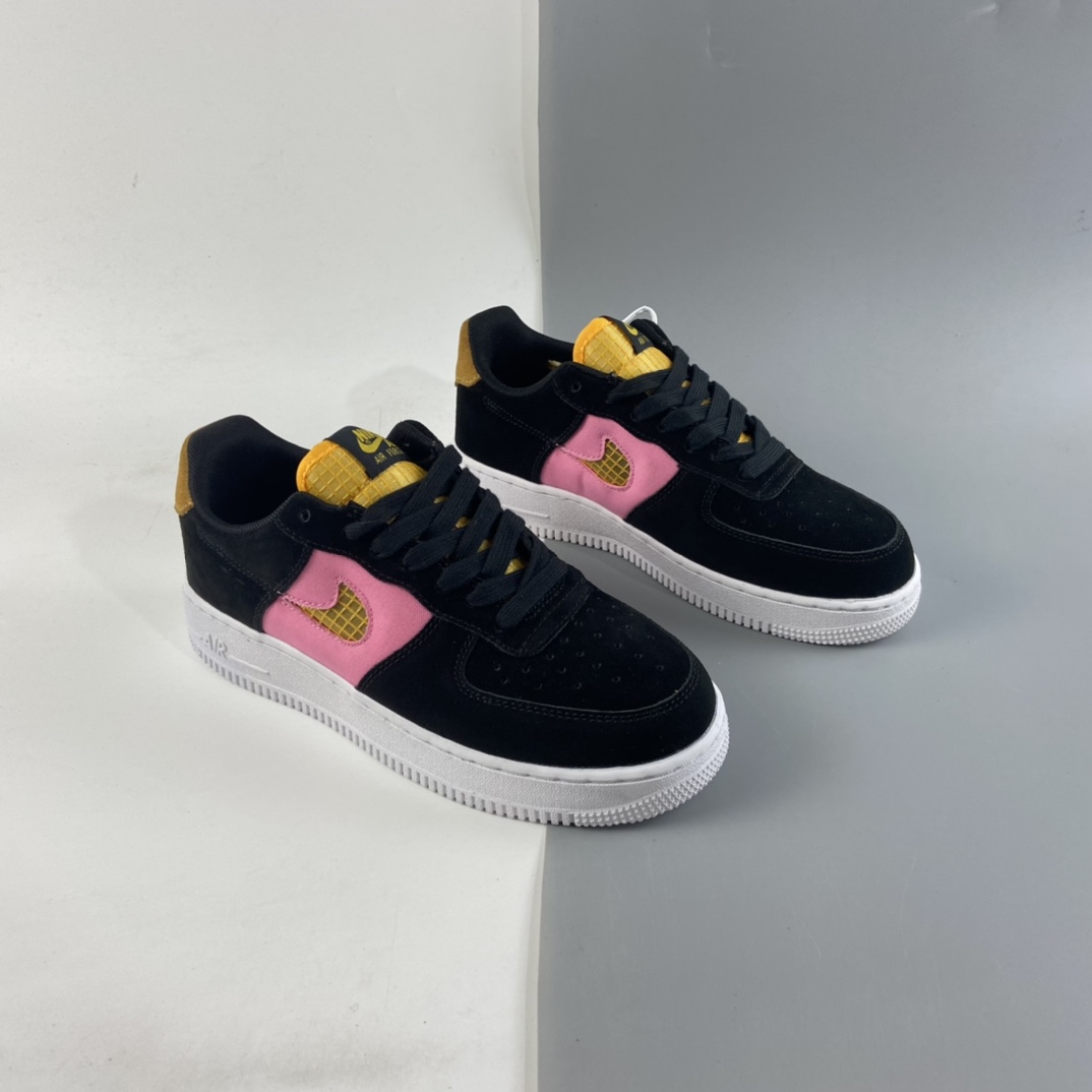 P200 Nk Air Force 1′07 黑粉帆布鞋 空军一号经典低帮百搭休闲运动板鞋“镂空马赛克勾”CJ4093-002