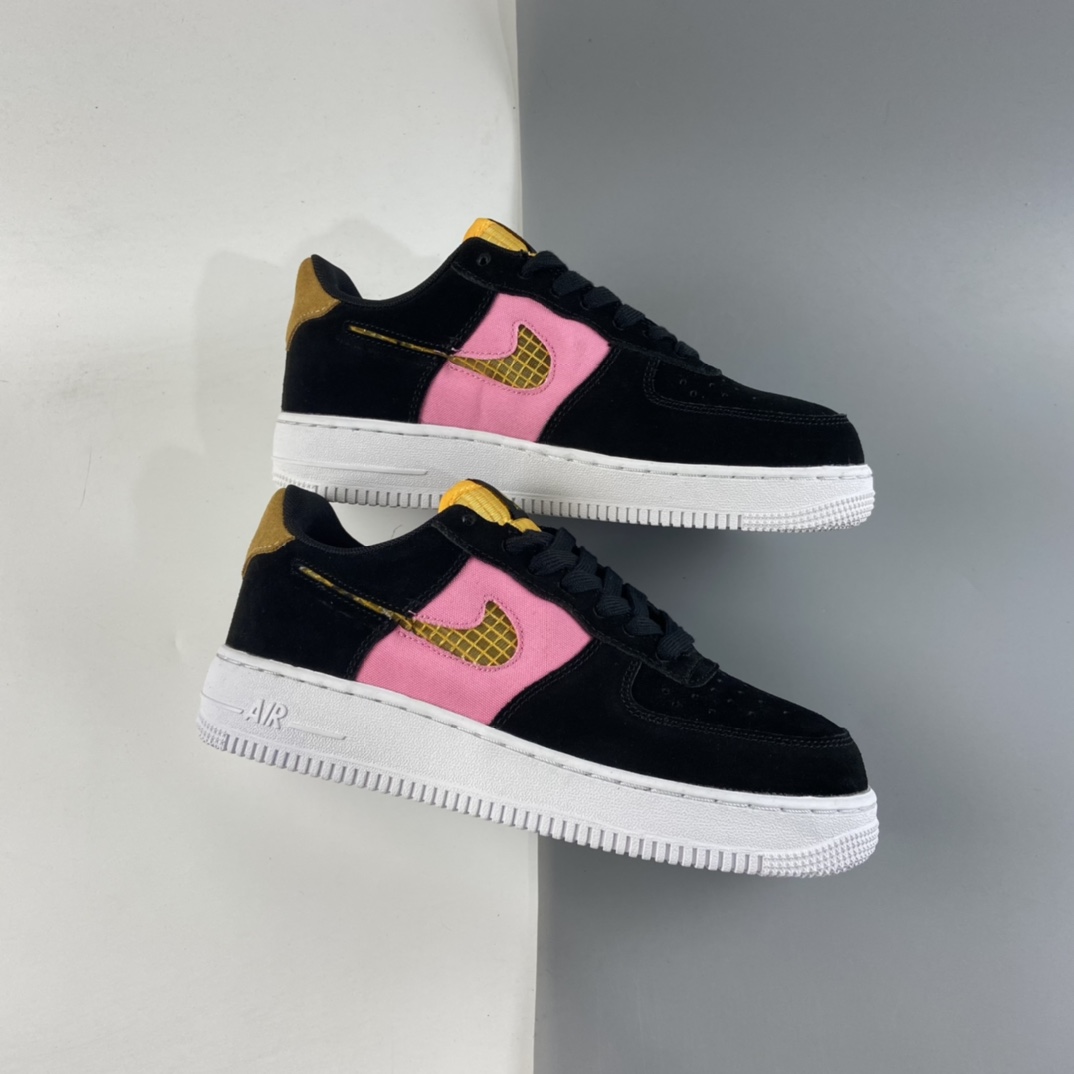 P200 Nk Air Force 1′07 黑粉帆布鞋 空军一号经典低帮百搭休闲运动板鞋“镂空马赛克勾”CJ4093-002