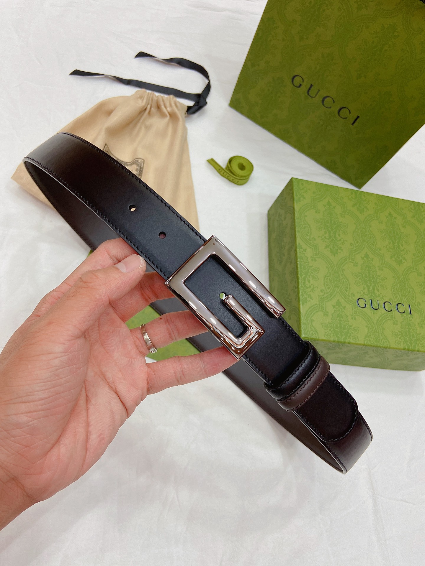 GUCCI黑色皮革反面为棕色皮革钯金