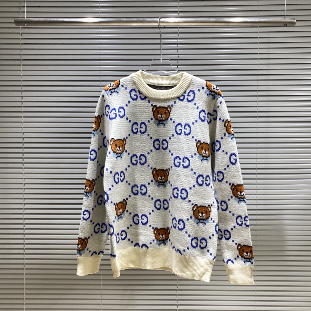Suéter de cuello redondo con jacquard de doble G y osito de peluche, colores: azul, blanco, tallas: S M L XL XXL