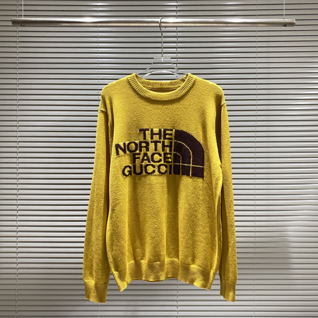Suéter de cuello redondo de punto jacquard con logo de la colaboración Gucci x The North Face, negro, amarillo, tallas:…
