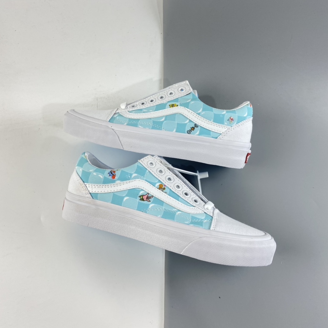 P160 Vans Old Skool 海绵宝宝联名冰蓝棋盘格子限量款”高端支线卡通情侣低帮硫化帆布休闲运动板鞋“冰蓝白卡通”VN0A38G19XC