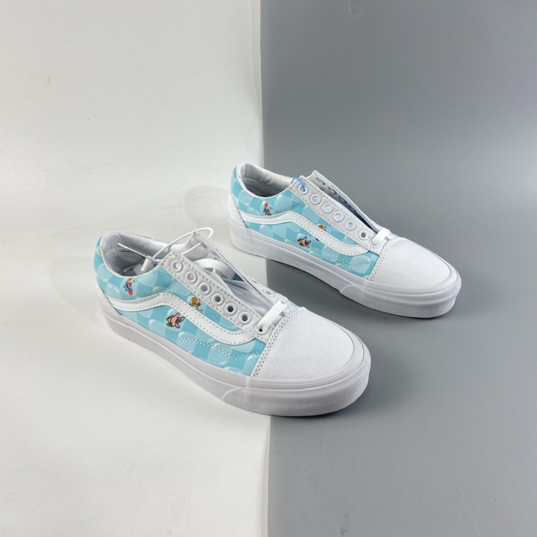 P160 Vans Old Skool 海绵宝宝联名冰蓝棋盘格子限量款”高端支线卡通情侣低帮硫化帆布休闲运动板鞋“冰蓝白卡通”VN0A38G19XC
