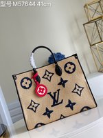 Louis Vuitton LV Onthego Tote Bags Blue Embroidery Cotton Fabric Raffia Beach M57644