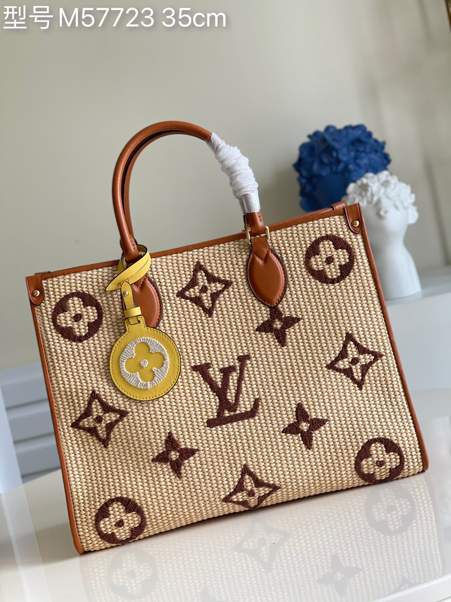 Louis Vuitton LV Onthego Handbags Tote Bags Yellow Embroidery Cotton Fabric Linen Raffia Weave Beach M57723