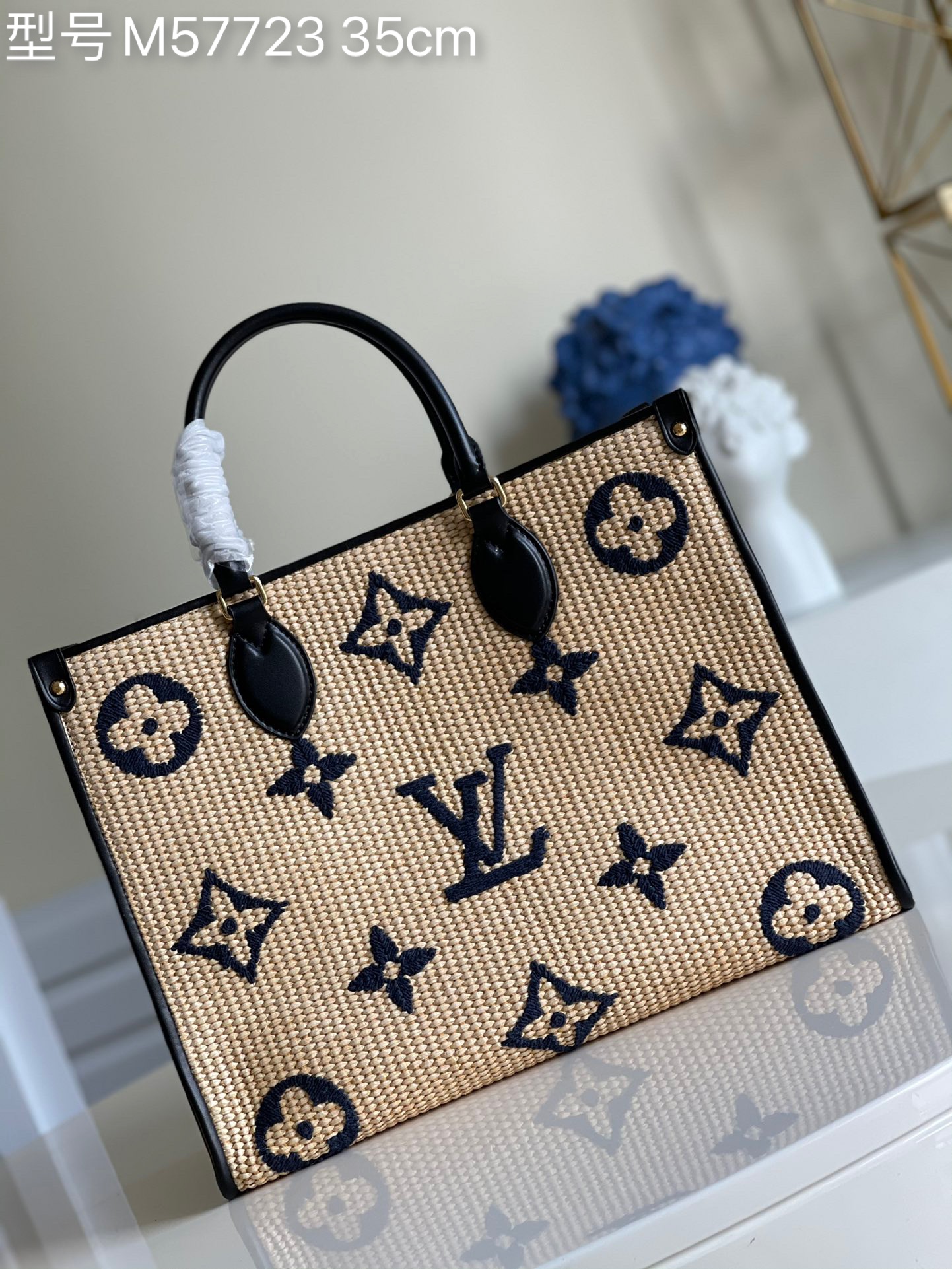 Louis Vuitton LV Onthego Handbags Tote Bags Blue Embroidery Cotton Fabric Linen Raffia Weave Beach M57723