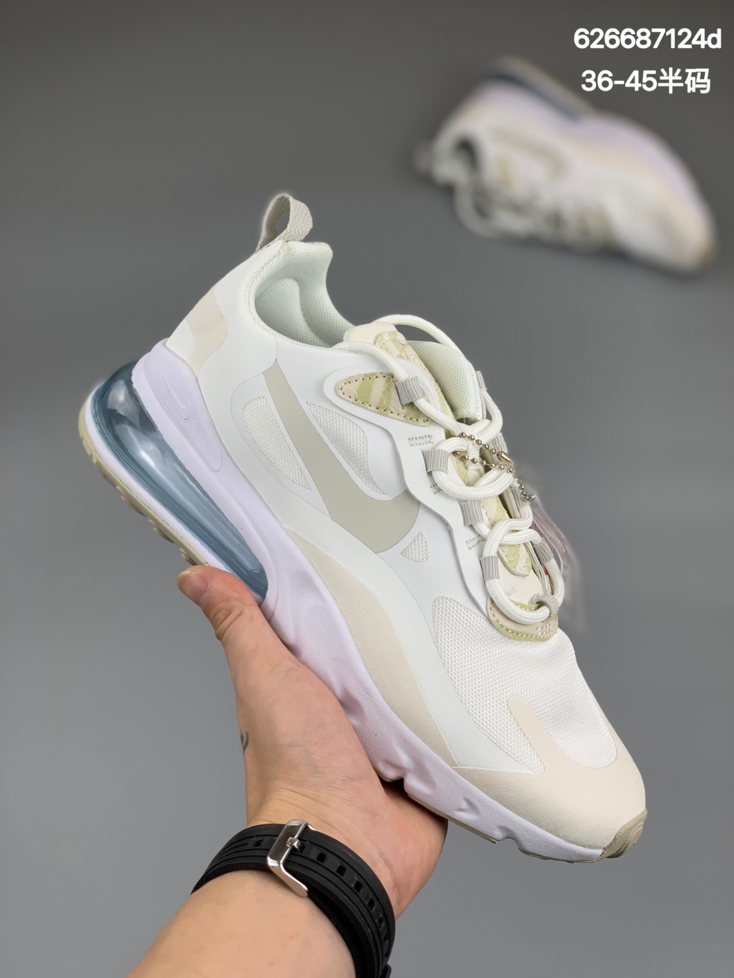 
Air Max 270 React 米白瑞亚赛车系列 后半掌气垫百搭运动慢跑鞋正确密织鞋面材质区别市面错误版本#独立私模回弹气垫大底打造动感视觉和舒适脚感的双重体验官方货号：CV8815-100Size：36 36.5 37.5 38 38.5 39 40 40.5 41 42 42.5 43 44 44.5 45
编码：626687124d