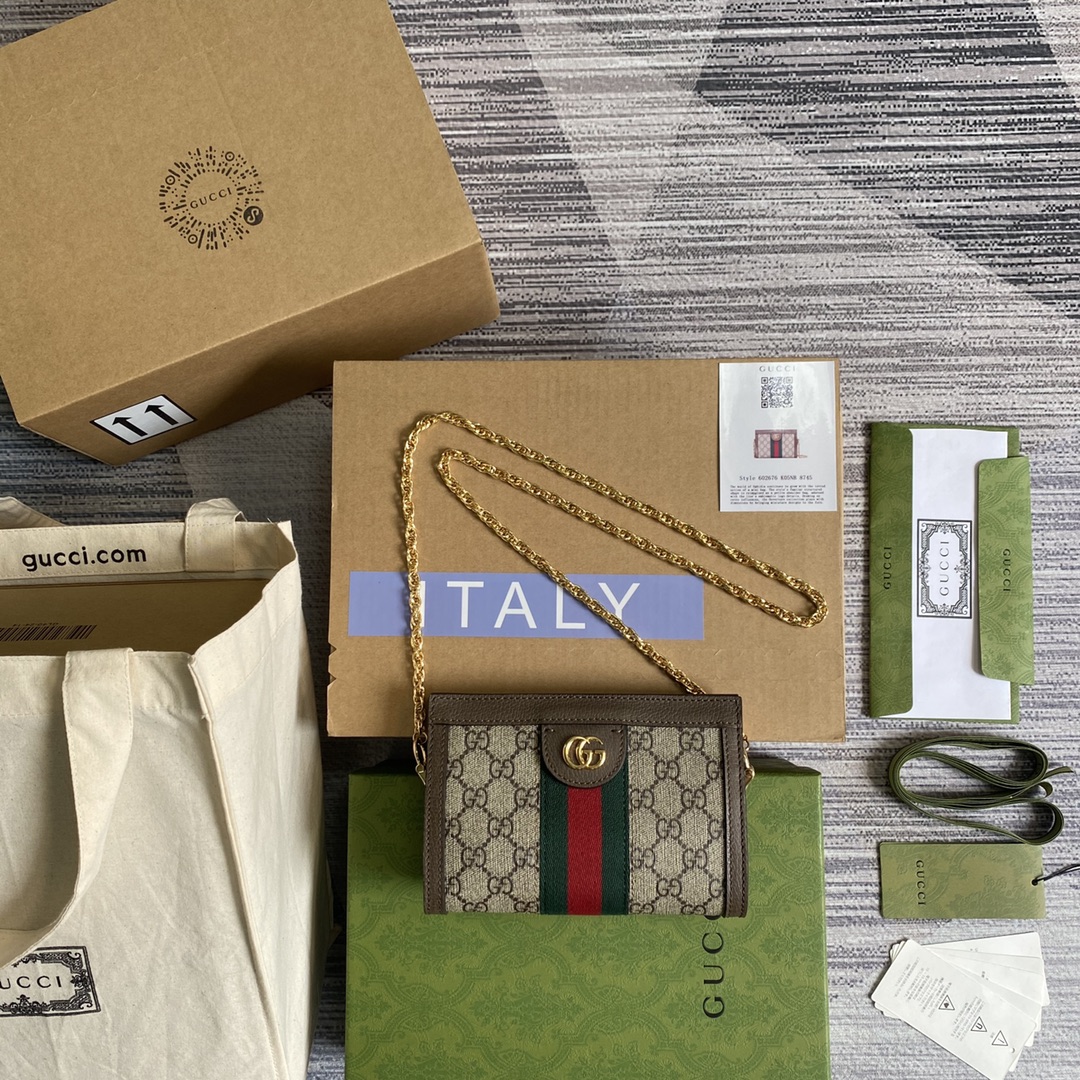 GUCCI Ophidia系列 迷你手提包 GG Supreme帆布 嵌花织带条纹 双G配件 磁扣闭合 皮革滚边-顶级品质