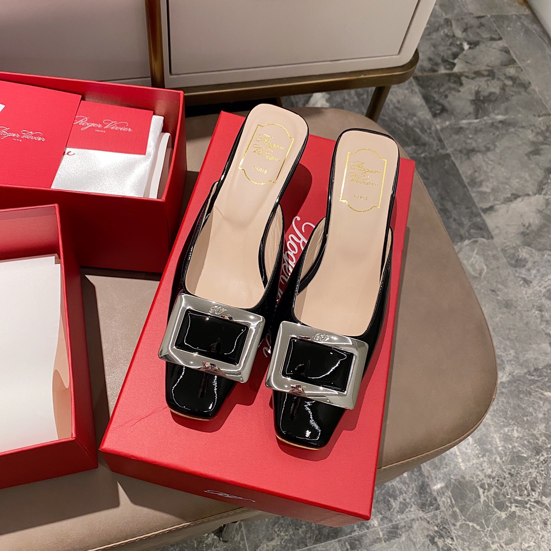 NO:412495,Patent leather black - 4.5cm slippers, semi-trails, slippers19860909漆皮黑色 - 4.5cm拖鞋,半拖,slippers,Women's Shoes