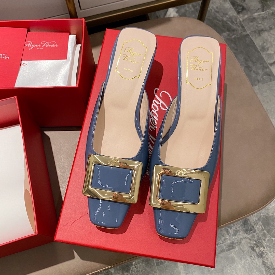 NO:412429,Patent leather mist blue - 4.5cm slippers, semi-trails, slippers19860909漆皮雾蓝 - 4.5cm拖鞋,半拖,slippers,Women's Shoes