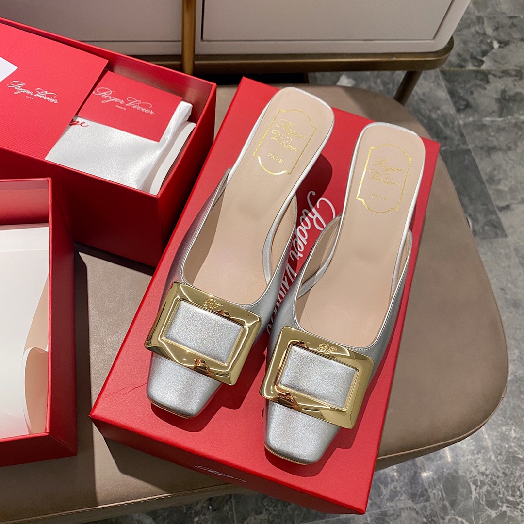 NO:412457,Silver leather surface - 4.5cm slippers, semi-trails, slippers19860909银色皮面 - 4.5cm拖鞋,半拖,slippers,Women's Shoes