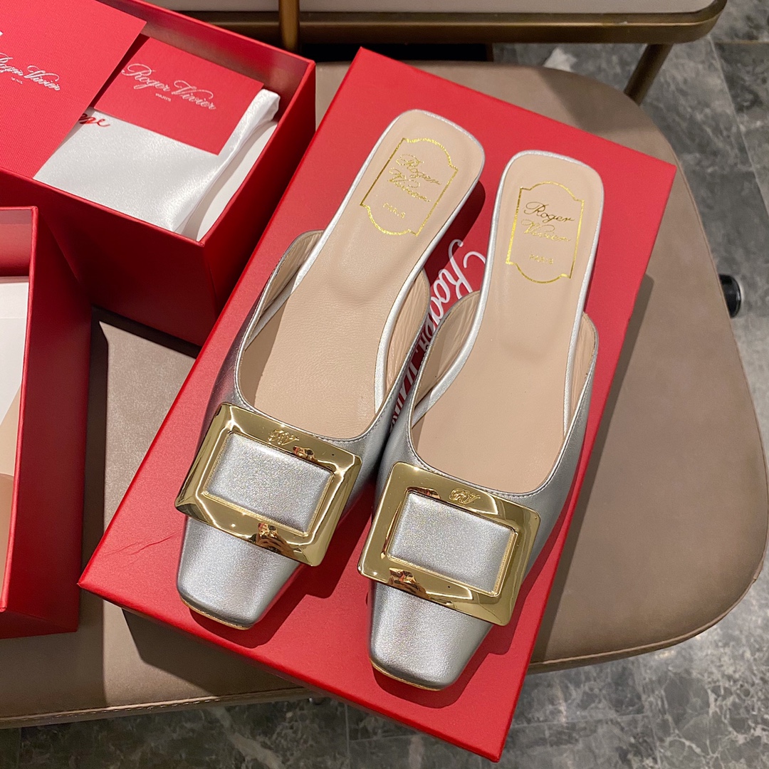 NO:412465,Silver leather surface - 2.5cm slippers, semi-trails, slippers19860909银色皮面 - 2.5cm拖鞋,半拖,slippers,Women's Shoes