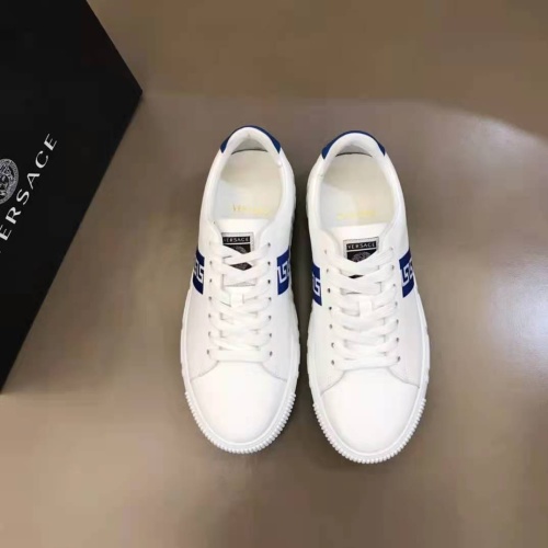 Versace Men's White Leather Sneaker with Blue Versace Logo, Sizes 38-44 1 Versace Men's White Leather Sneaker with Blue Versace Logo, Sizes 38-44