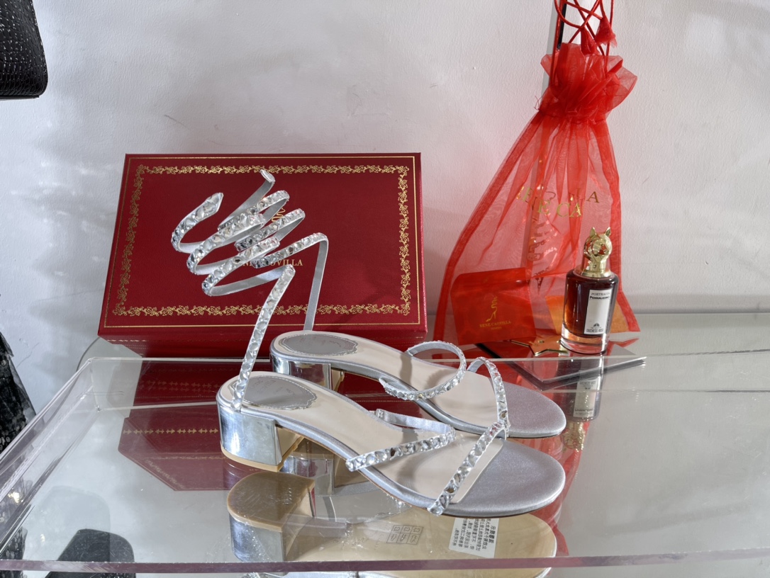 Rene Caovilla Chaussures Escarpins À Talons Hauts Sandales Or Rouge Argent Serti de diamants Genuine Leather Peau mouton Soie Cleo