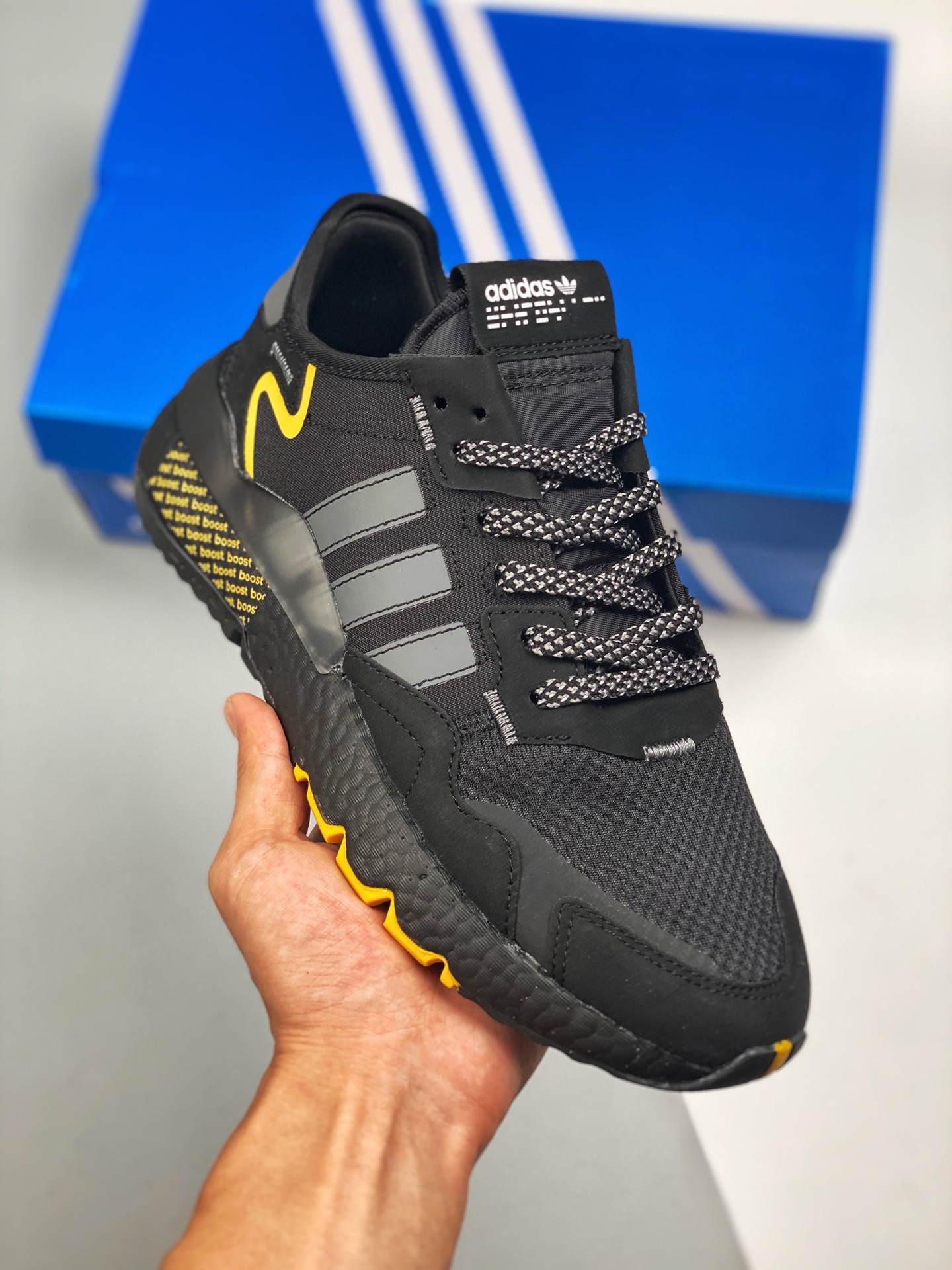 AD Nite Jogger Boost negro amarillo, trébol, colaboración Night Walker, número de artículo: FV8571, zapatillas retro de…