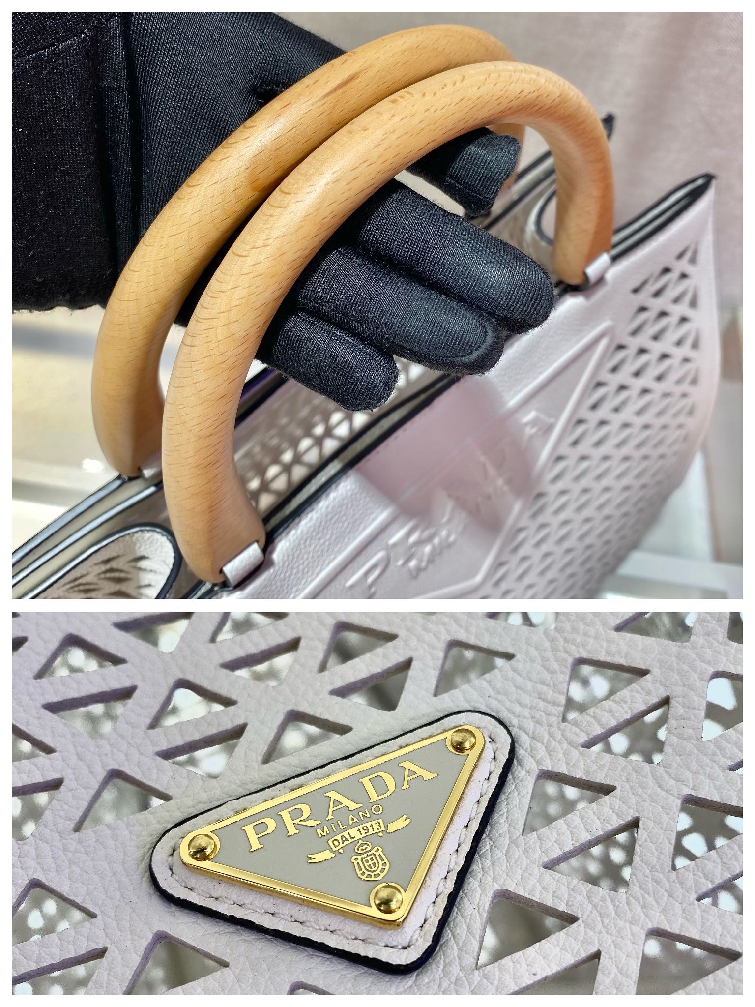 PRADA普拉达全牛皮材质新款镂空tote包1BG405