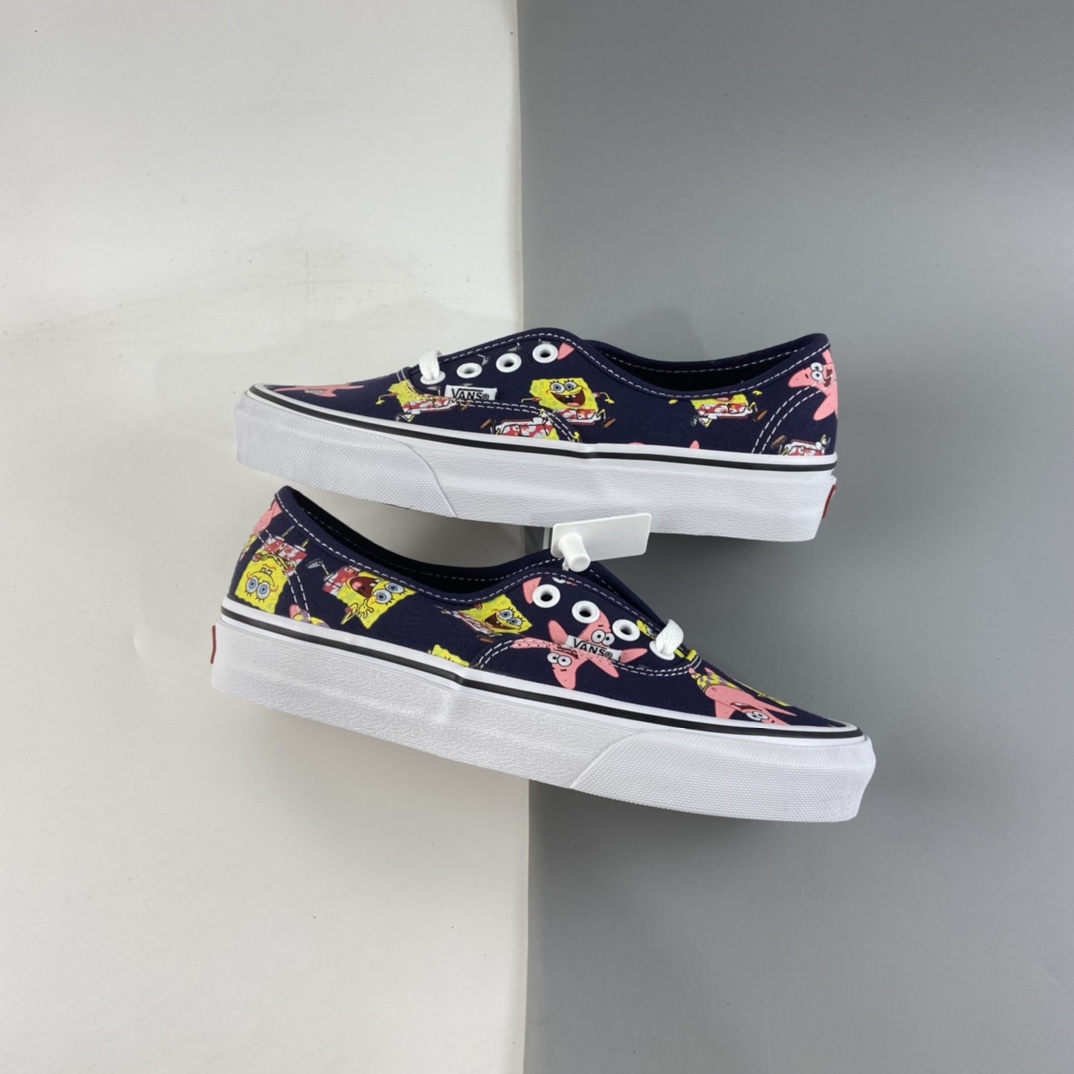 P150 Vans X 派大星海绵宝宝联名AUT彩印卡通定制限量款”高端支线卡通情侣低帮硫化帆布休闲运动板鞋“暗蓝彩印卡通”VN0A3WM7YZ1