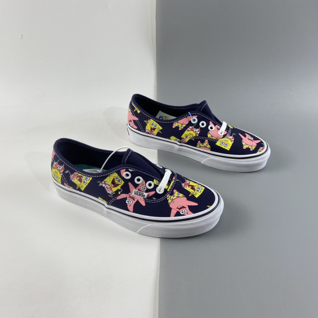 P150 Vans X 派大星海绵宝宝联名AUT彩印卡通定制限量款”高端支线卡通情侣低帮硫化帆布休闲运动板鞋“暗蓝彩印卡通”VN0A3WM7YZ1