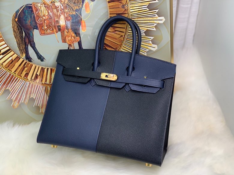 Tri-Color Birkin 25 Epsom Leather Handbag - Black, Sapphire, Florida Blue