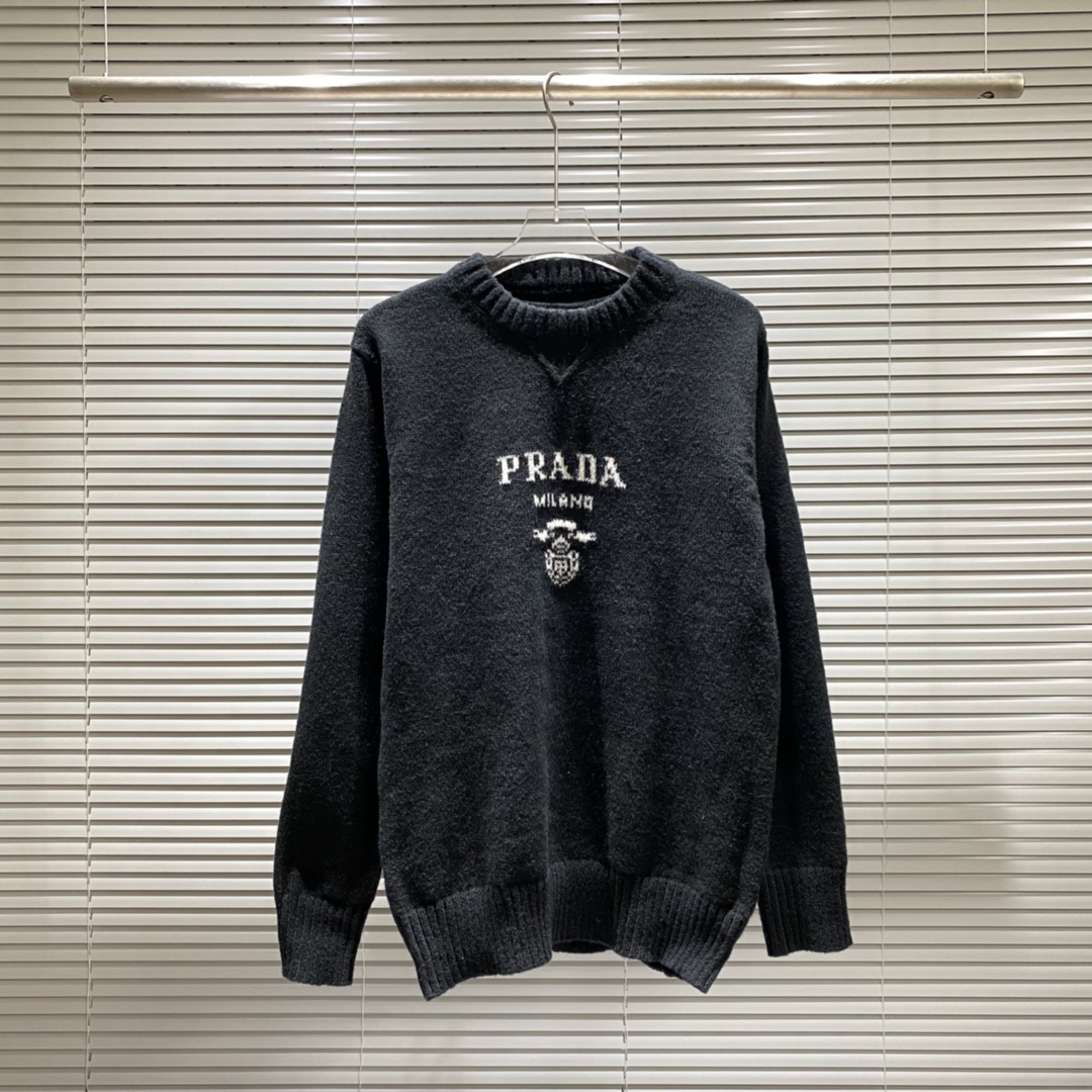 Suéter de cuello redondo jacquard con logo de cabeza de toro y letras en el pecho de Prada, negro, blanco, azul, rojo, …