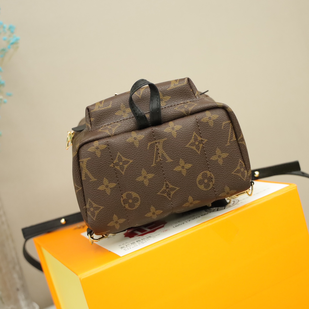 LV女士迷你双肩背包🅿️280 原单品质. 此款背包惊人的风格变化.将一件朴素的日用品变为一款时髦而极度迷人的都市包袋.此款由柔软的Monogram帆布制成的迷你背包娇小可爱.拥有多用背带.方便斜背. 规格：22*17*10 cm