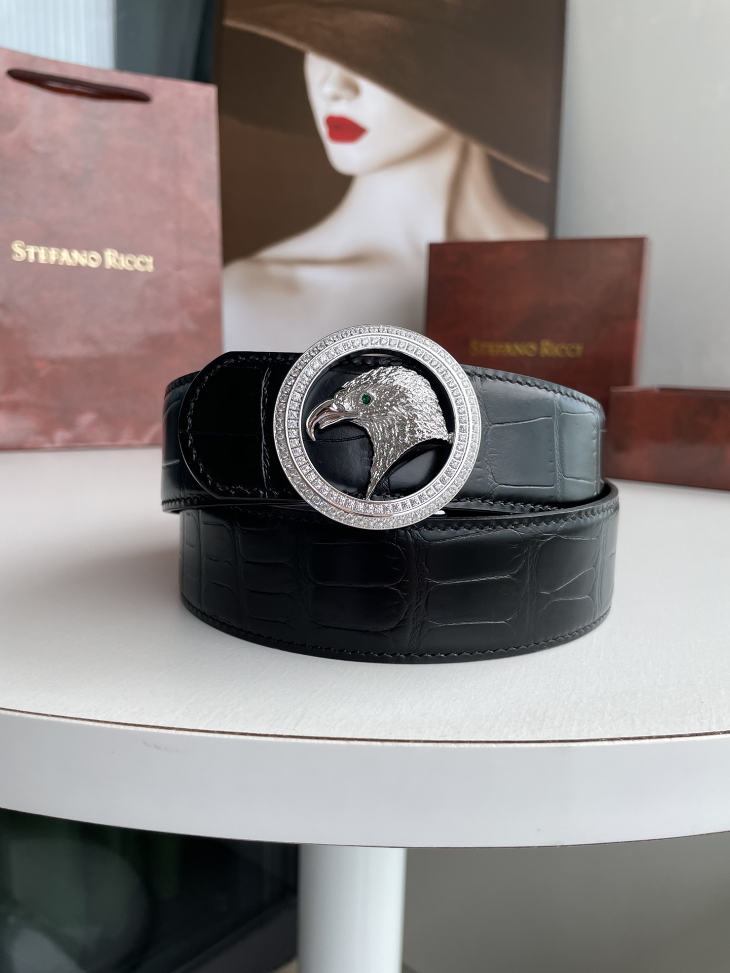 STEFANO RICCI史蒂芬.劳尼治专柜款精钢鹰头双圈镶嵌钻点缀挂扣3.8cm头层牛皮精仿鳄鱼皮腰带