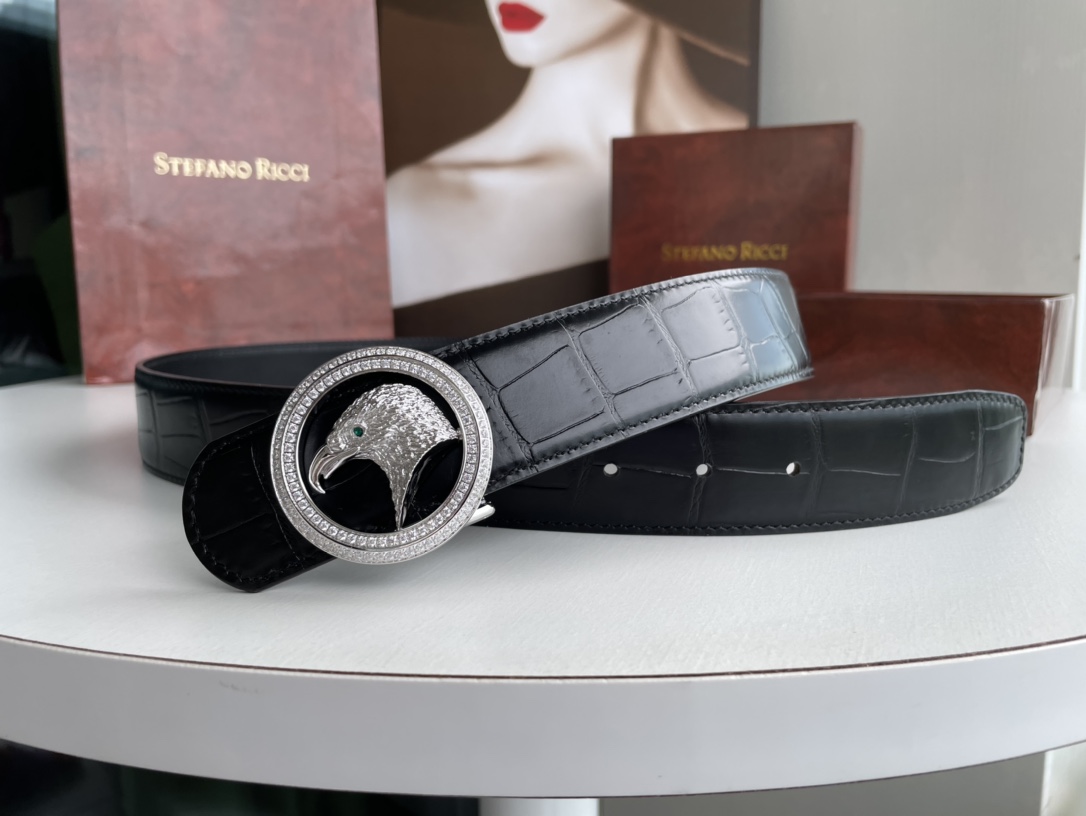 STEFANO RICCI史蒂芬.劳尼治专柜款精钢鹰头双圈镶嵌钻点缀挂扣3.8cm头层牛皮精仿鳄鱼皮腰带