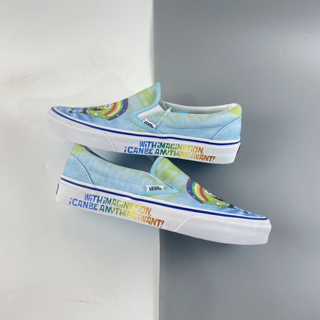 P150  Vans Slip On X 彩虹海绵宝宝联名一脚蹬限量款”高端支线卡通情侣低帮硫化帆布休闲运动板鞋“彩色卡通”VN0A5KXMZAW