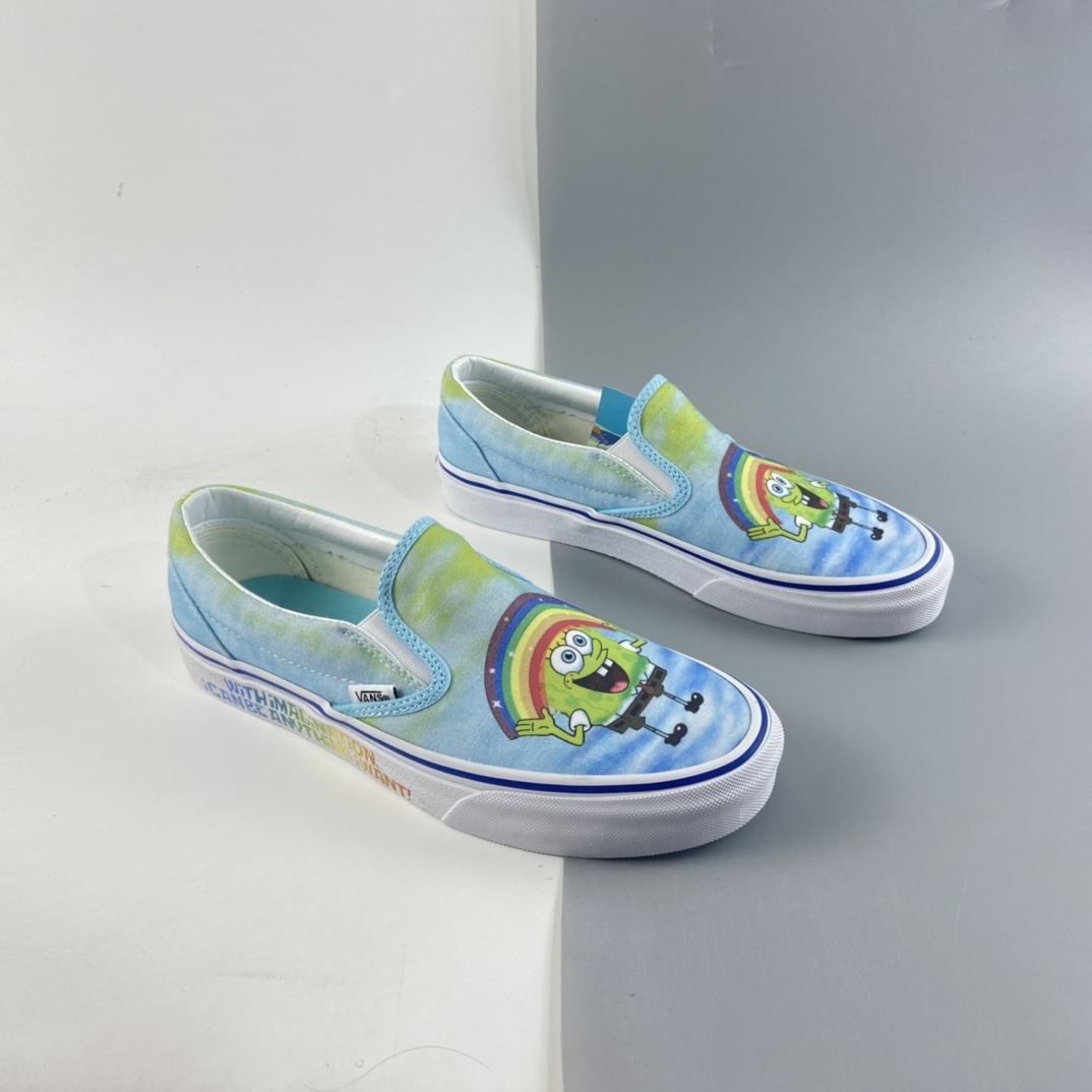 P150  Vans Slip On X 彩虹海绵宝宝联名一脚蹬限量款”高端支线卡通情侣低帮硫化帆布休闲运动板鞋“彩色卡通”VN0A5KXMZAW