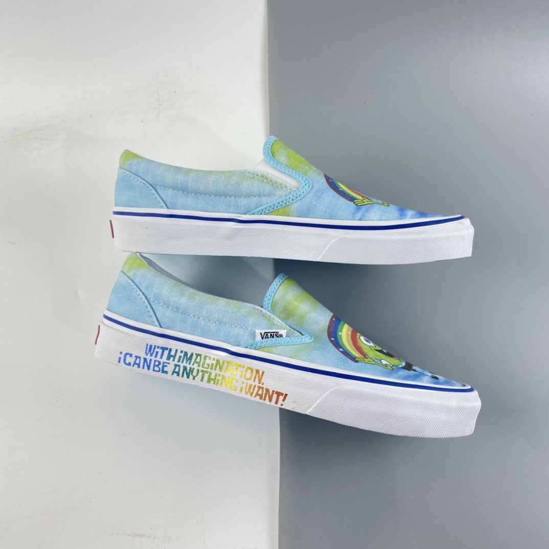 P150  Vans Slip On X 彩虹海绵宝宝联名一脚蹬限量款”高端支线卡通情侣低帮硫化帆布休闲运动板鞋“彩色卡通”VN0A5KXMZAW