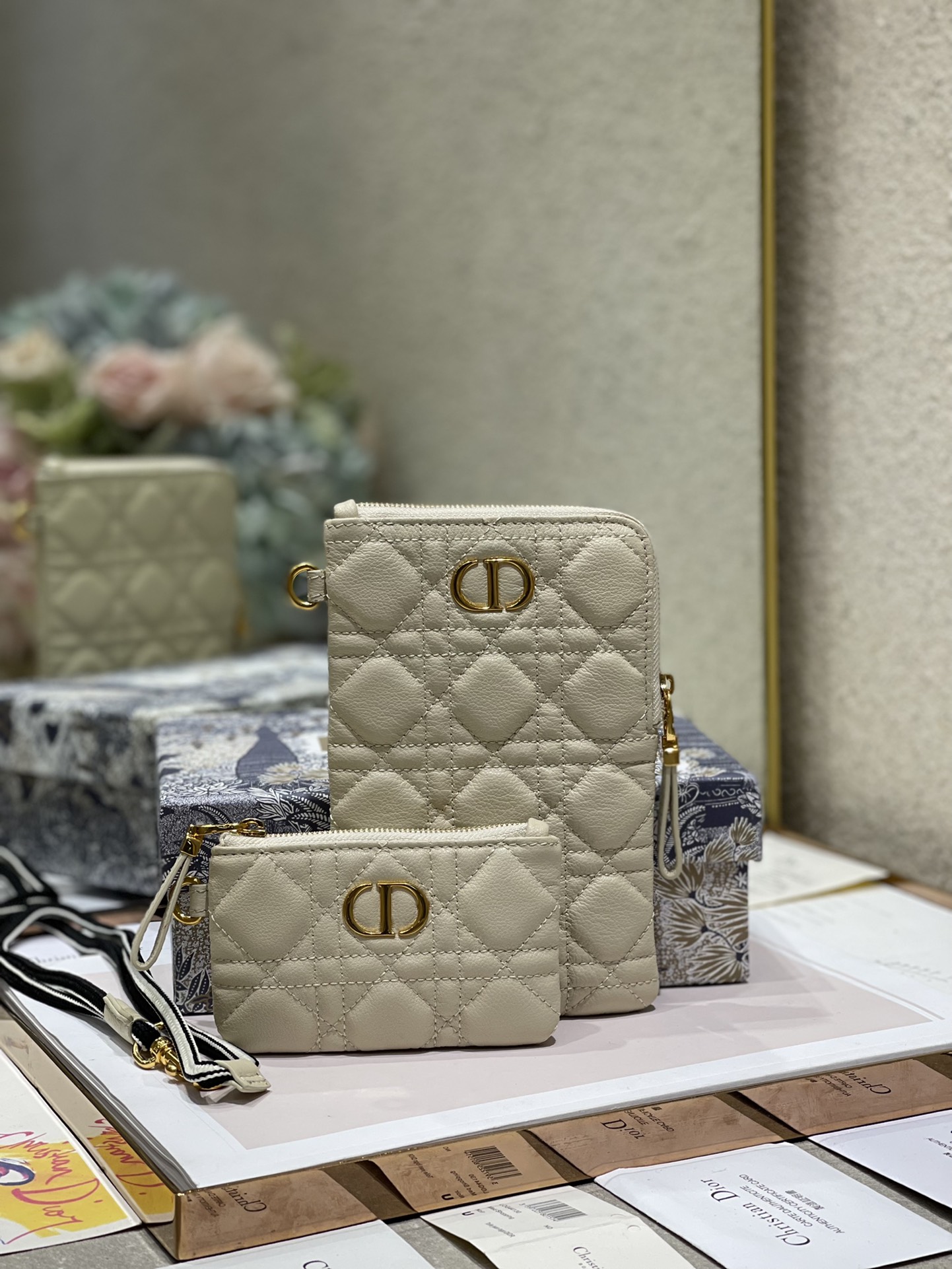 D-Caro Cannage Calfskin Two-Piece Set Clutch Crossbody Bag Coin Purse