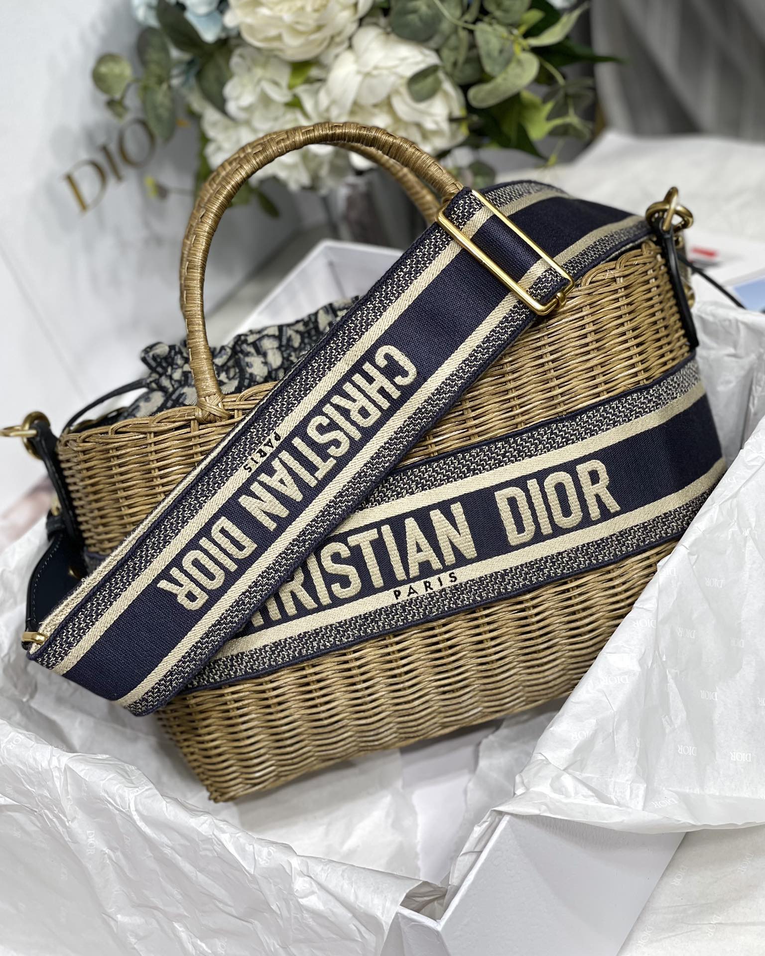 Dior Wicker Woven Basket Bag with Jacquard Wide Shoulder Strap