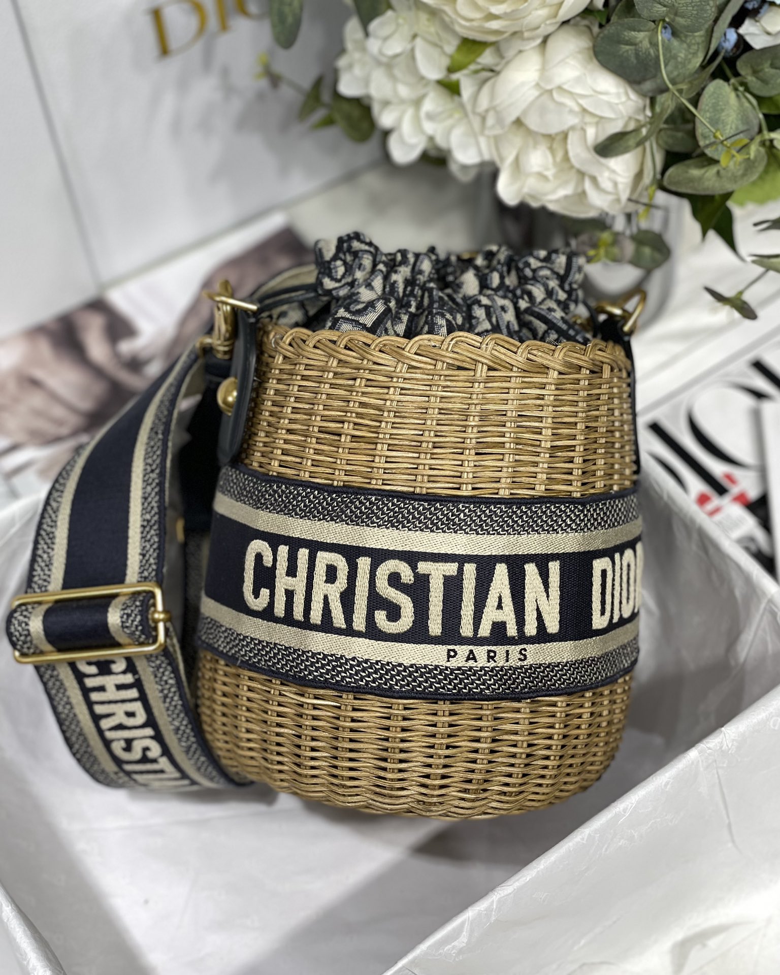 Dior Wicker Woven Bucket Bag with Embroidered Wide Shoulder Strap