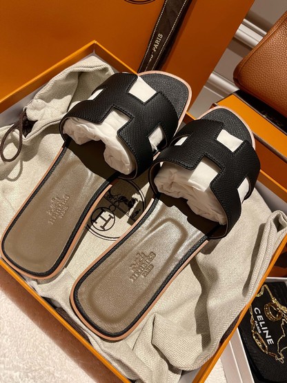 Hermes Shoes Slippers Black Sewing Summer Collection
