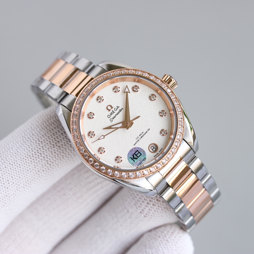 “White Crust 2415 Gold Shell Drill Omega AP5 Seahorse 34mm Watch – Perfect Gift for Girls” - 图片 3